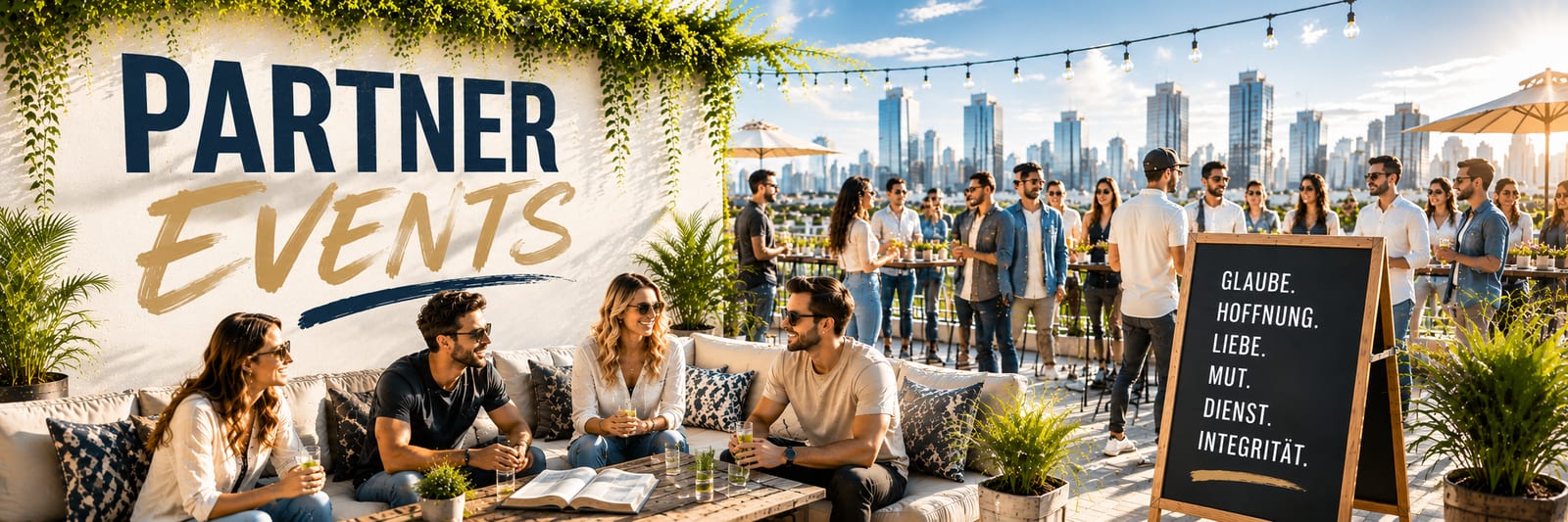 Menschen an Tischen in einer Halle während eines Anlasses; Schriftzug «Partner Events»