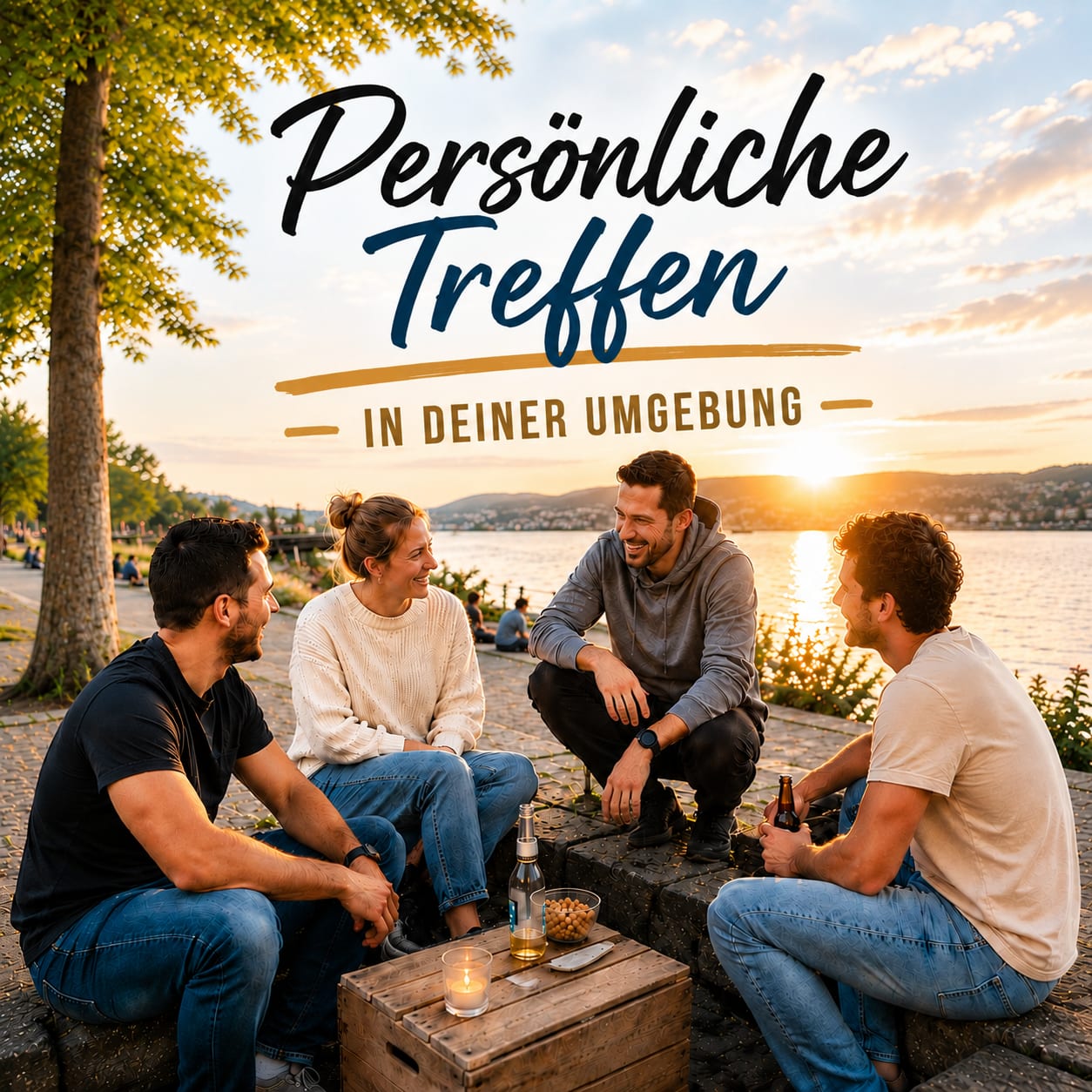 Vier Menschen sitzen am Abend am Seeufer um eine Kiste mit Getränken; Schriftzug «Persönliche Treffen in deiner Umgebung»