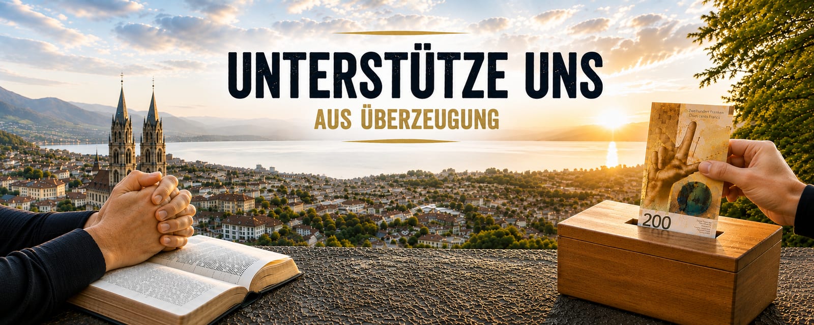 Betende Hände über einer Bibel, daneben legt eine Hand eine Zweihundertnote in eine Kasse; Schriftzug «Unterstütze uns aus Überzeugung»