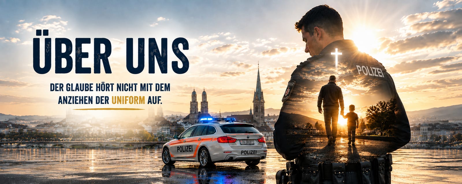 Ein Polizist geht mit einem Kind einem Sonnenaufgang entgegen, darüber Stadt und Streifenwagen; Schriftzug «Über uns — Der Glaube hört nicht mit dem Anziehen der Uniform auf»