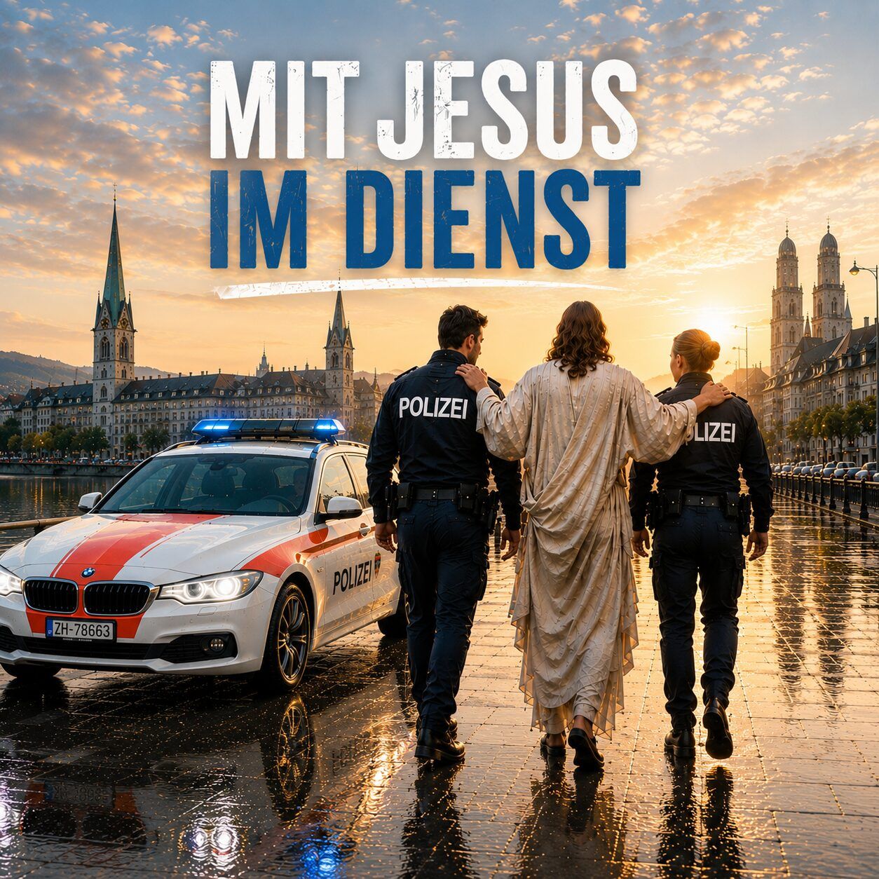 Zwei Polizisten gehen mit Jesus in ihrer Mitte eine nasse Strasse entlang, daneben ein Streifenwagen; Schriftzug «Mit Jesus im Dienst»