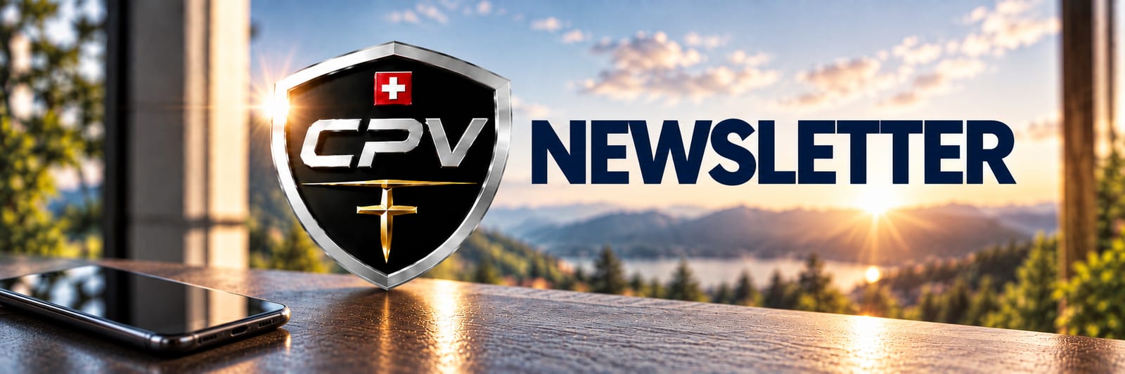Ein Tablet mit dem CPV-Newsletter auf einem Tisch neben einer Kaffeetasse