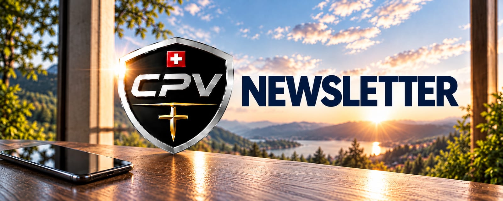 Ein Tablet mit dem CPV-Newsletter auf einem Tisch neben einer Kaffeetasse