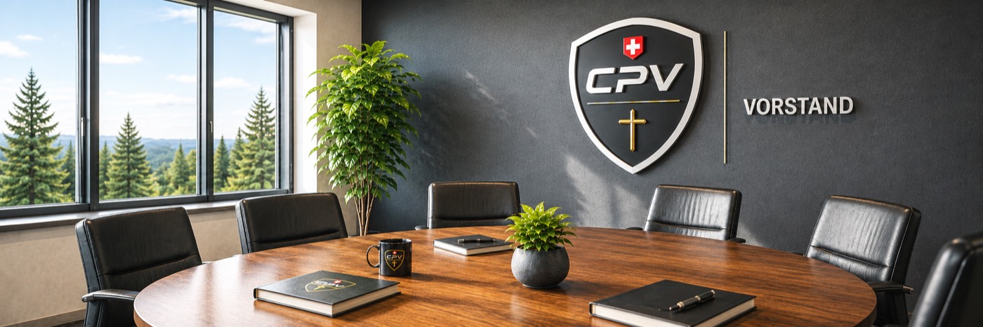 Ein leerer Sitzungstisch mit dem CPV-Wappen an der Wand; Schriftzug «Vorstand»