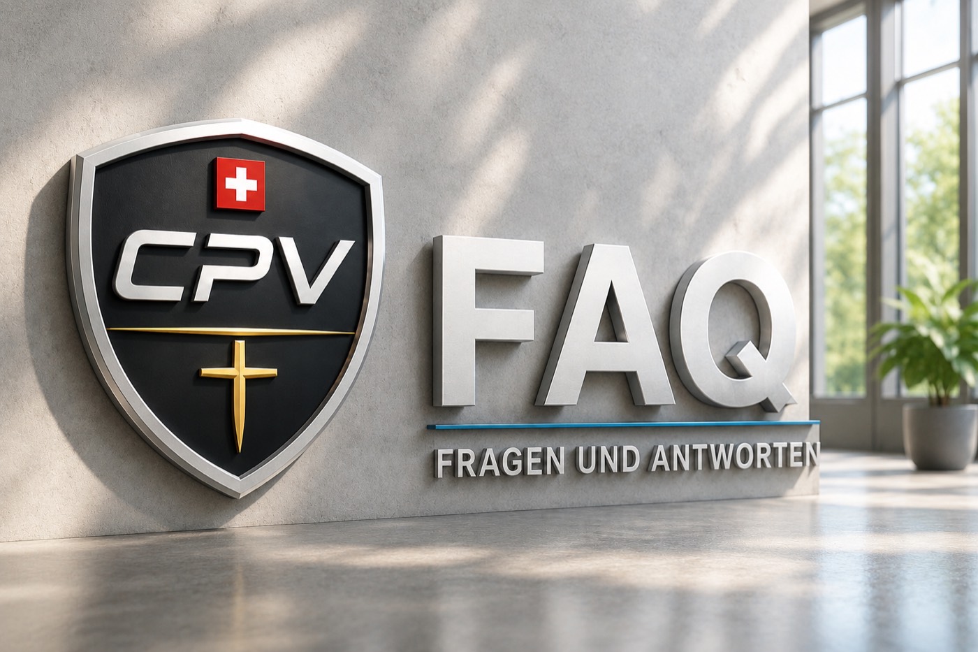 Das CPV-Wappen an einer hellen Wand; Schriftzug «FAQ — Fragen und Antworten»