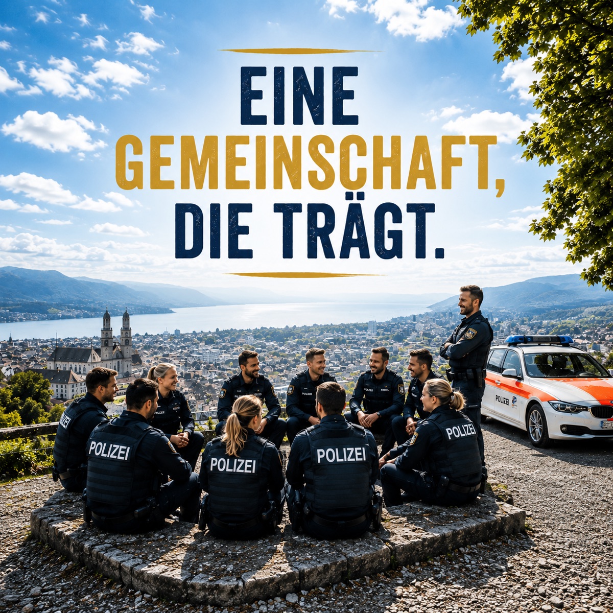 Polizistinnen und Polizisten sitzen im Kreis auf einer Anhöhe über der Stadt; Schriftzug «Eine Gemeinschaft, die trägt»