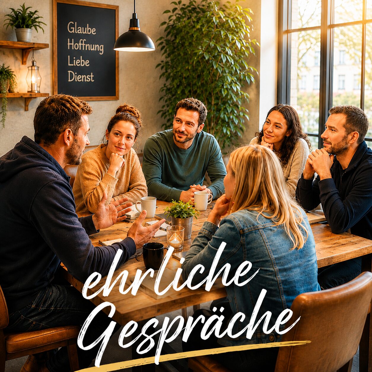 Eine Runde im Gespräch an einem Tisch in einem Café; Schriftzug «ehrliche Gespräche»