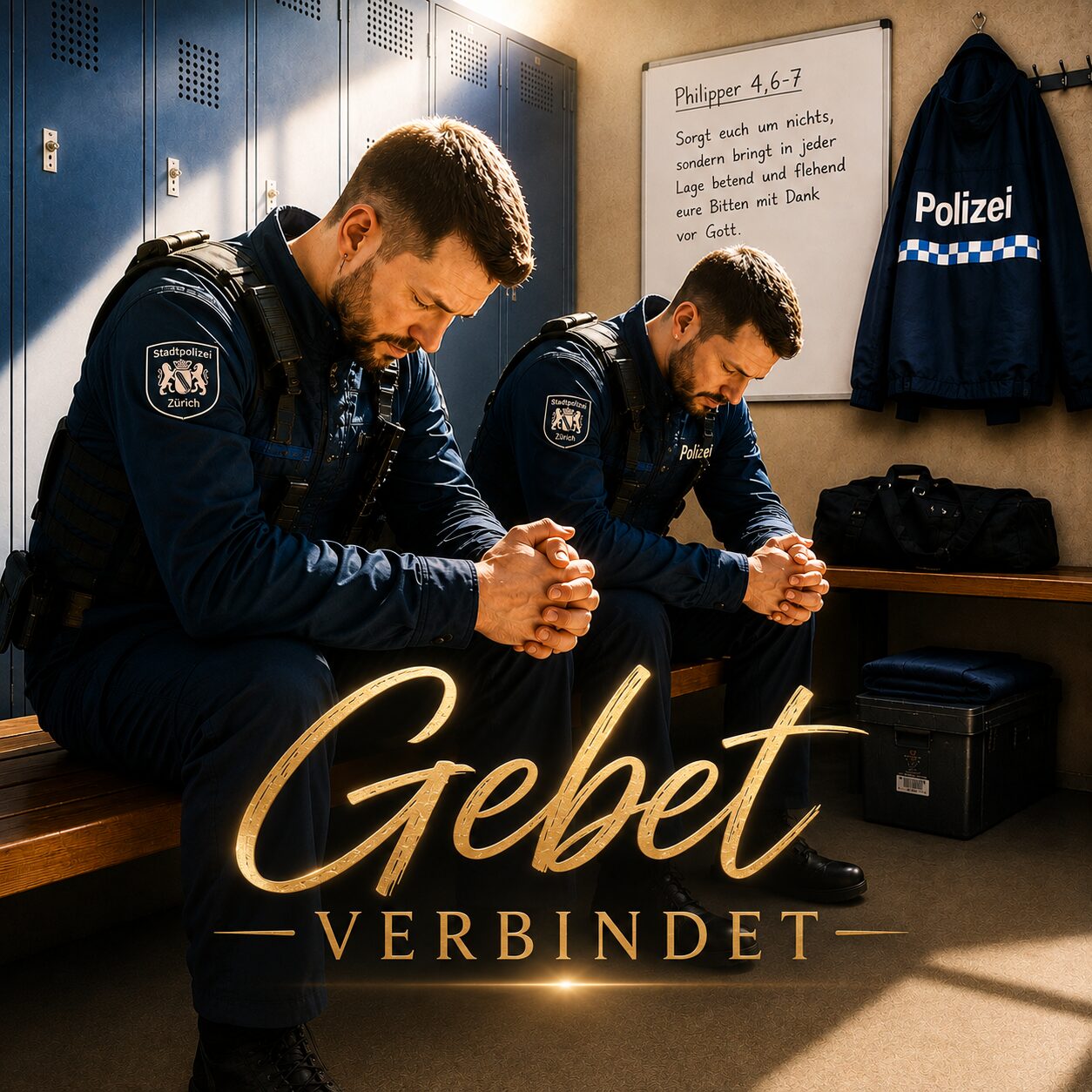 Zwei Polizisten in Uniform mit gefalteten Händen in der Garderobe; Schriftzug «Gebet verbindet»