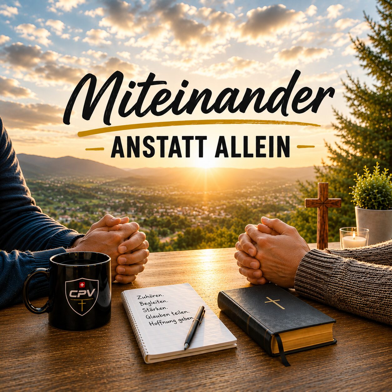 Zwei Menschen mit gefalteten Händen an einem Holztisch über einer weiten Landschaft, dazwischen Bibel, Notizblock und CPV-Tasse; Schriftzug «Miteinander anstatt allein»