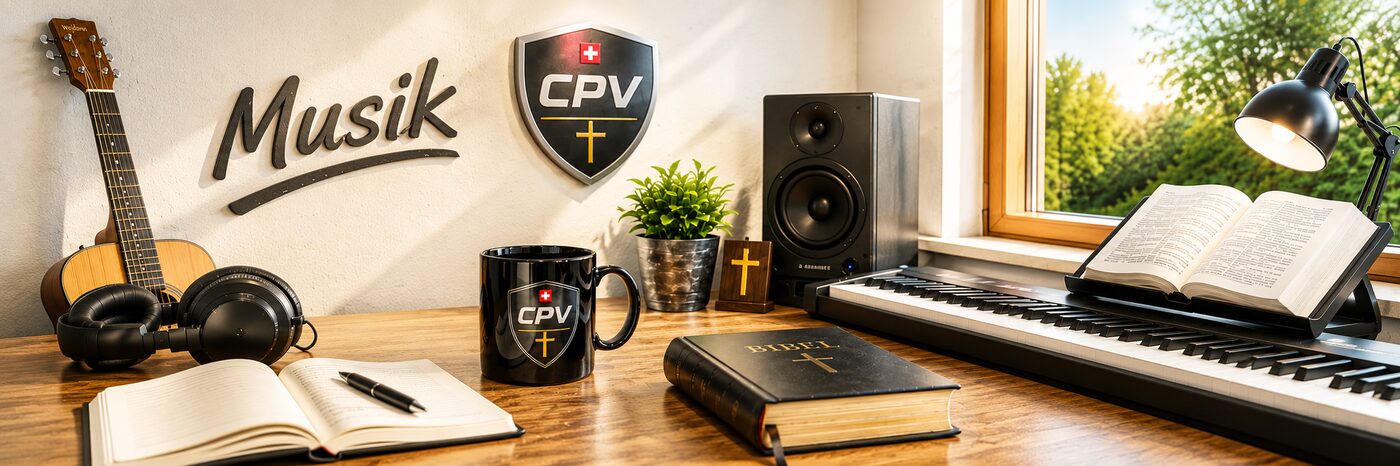 Ein Arbeitsplatz am Fenster mit Keyboard, Kopfhörern, Lautsprecher und CPV-Tasse; Schriftzug «Musik»