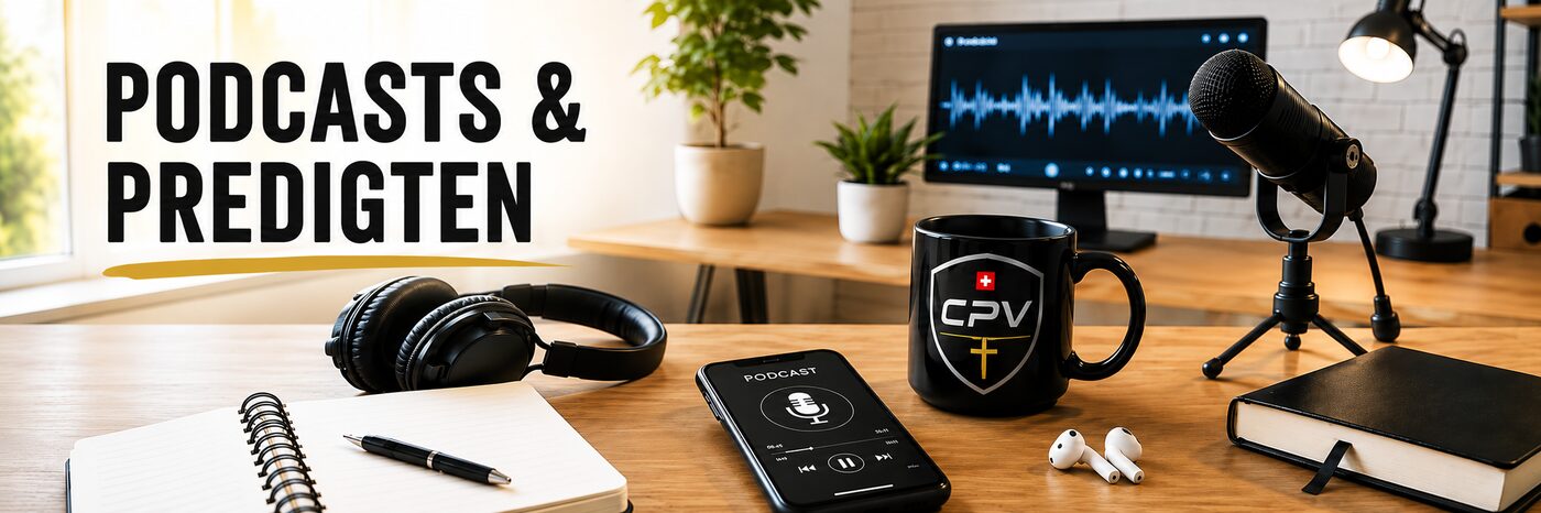 Ein Schreibtisch mit Mikrofon, Kopfhörern, Telefon und CPV-Tasse; Schriftzug «Podcasts & Predigten»