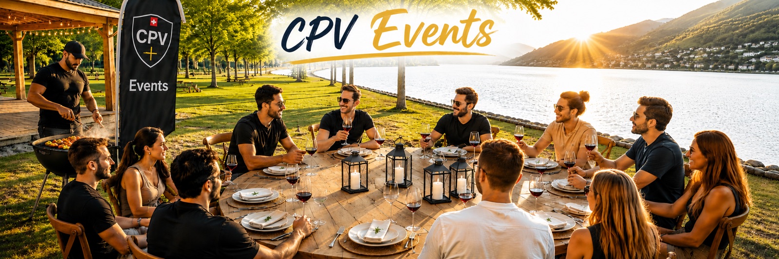 Eine Gruppe an einer langen Tafel im Freien bei Sonnenuntergang; Schriftzug «CPV Events»