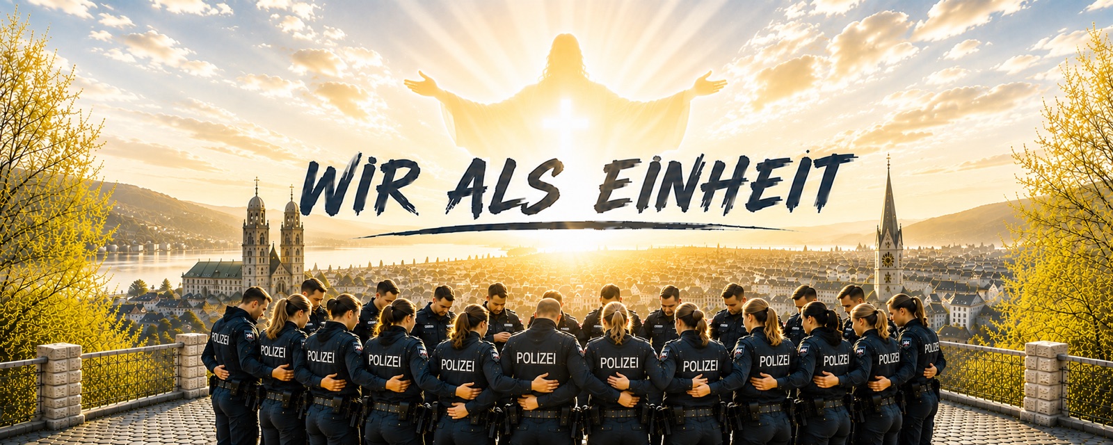 Polizistinnen und Polizisten stehen Arm in Arm im Kreis über der Stadt Zürich; Schriftzug «Wir als Einheit»