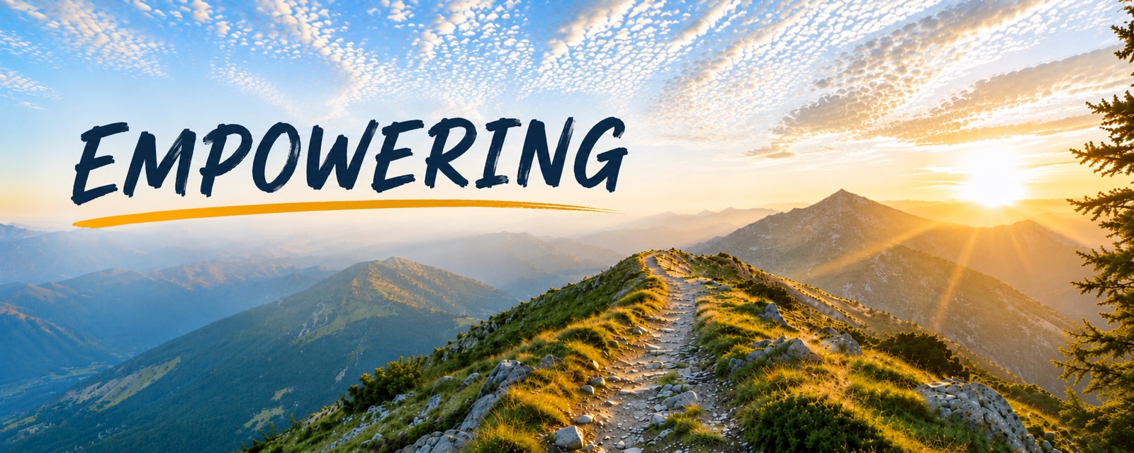 Ein Bergweg im Morgenlicht; Schriftzug «Empowering»