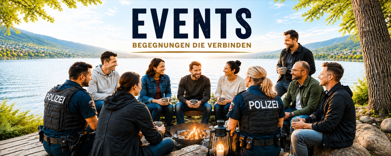 Uniformierte sitzen im Kreis um eine Feuerstelle im Grünen; Schriftzug «Events — Begegnungen, die verbinden»