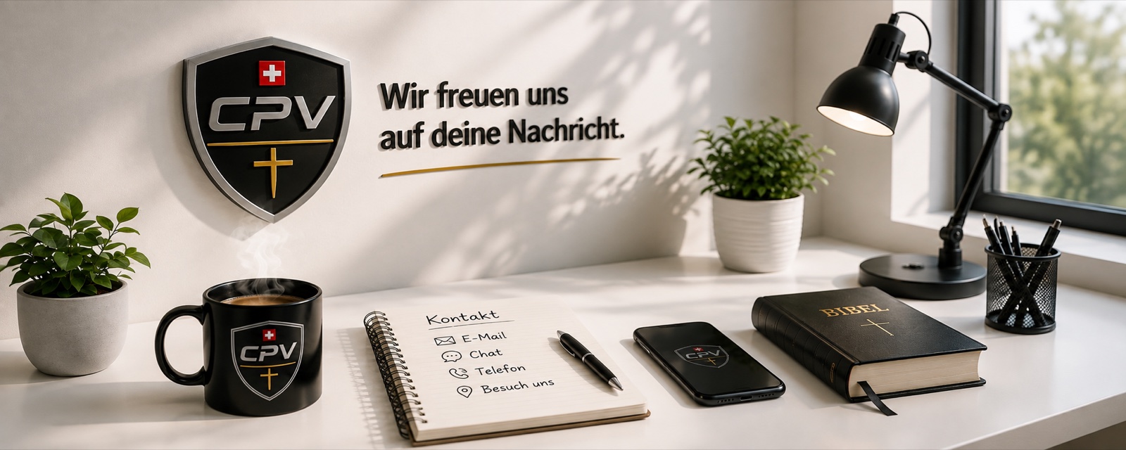 Ein Schreibtisch mit CPV-Wappen, Tasse und Notizblock; Schriftzug «Wir freuen uns auf deine Nachricht»