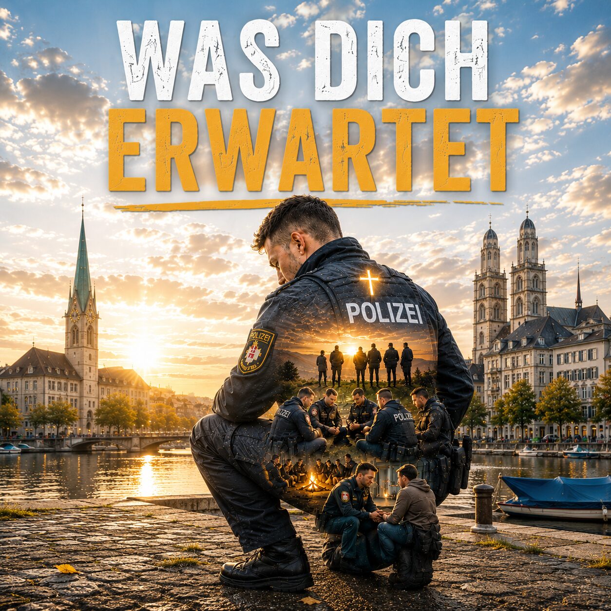 Ein Polizist kniet am Zürcher Seeufer, im Hintergrund eine Gruppe am Feuer; Schriftzug «Was dich erwartet»
