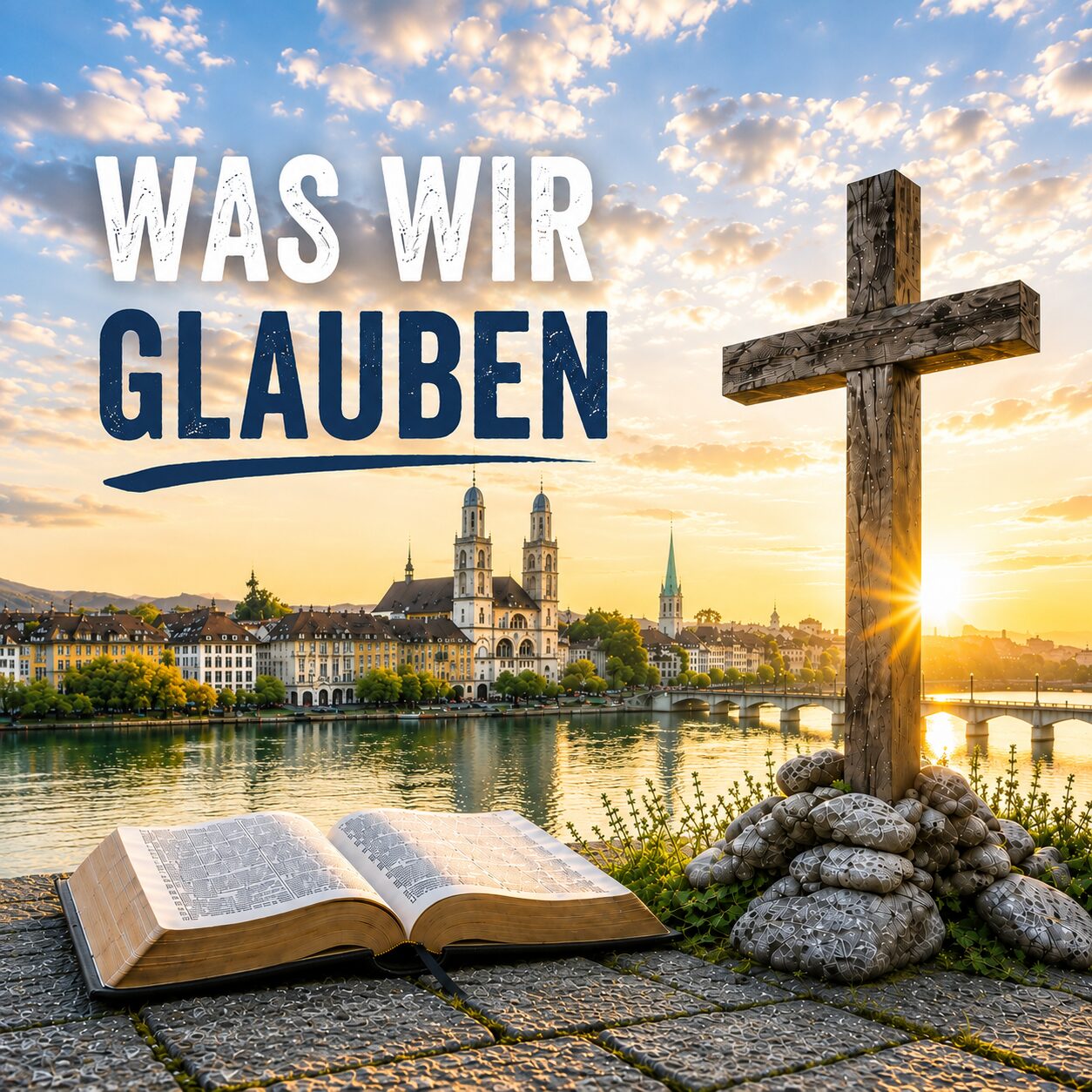 Eine aufgeschlagene Bibel und ein Holzkreuz am Limmatufer, dahinter das Grossmünster im Abendlicht; Schriftzug «Was wir glauben»