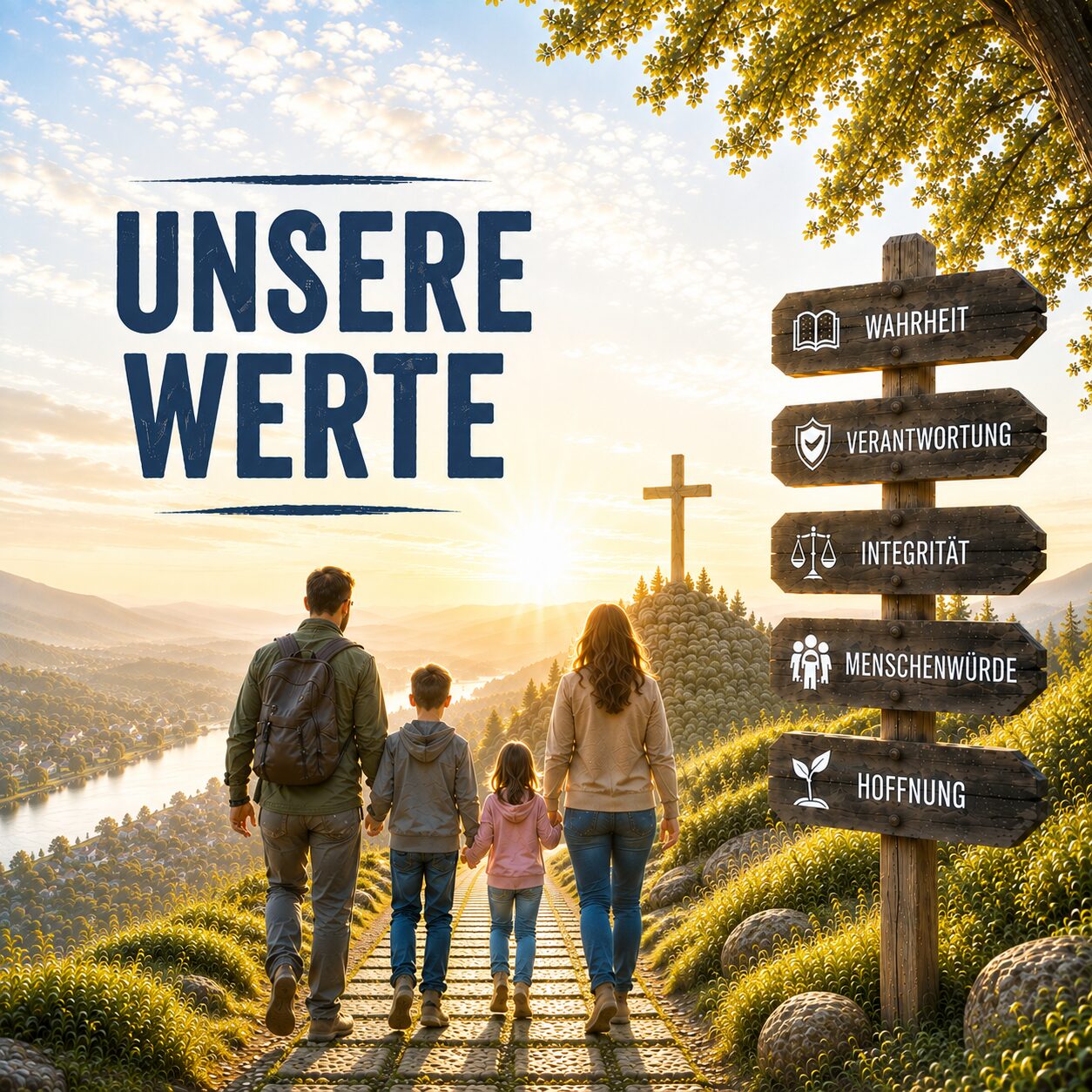 Eine Familie geht einen Weg hinauf, rechts ein Wegweiser mit Wahrheit, Verantwortung, Integrität, Menschenwürde und Hoffnung; Schriftzug «Unsere Werte»