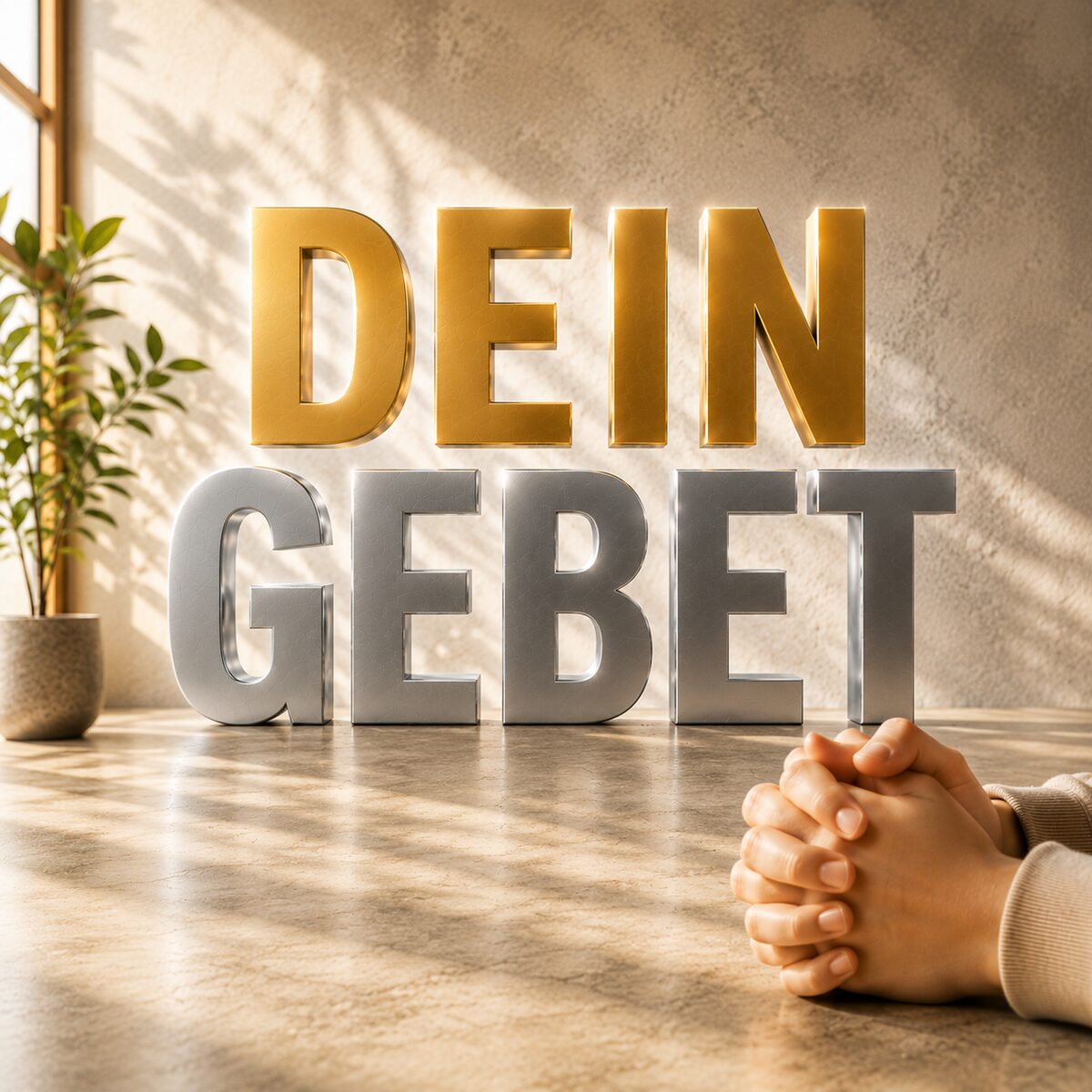 Gefaltete Hände vor grossen goldenen Buchstaben; Schriftzug «Dein Gebet»
