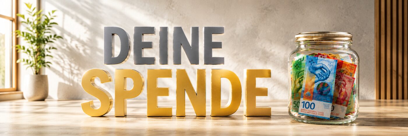 Ein Glas mit Geldscheinen auf einer hellen Fläche; Schriftzug «Deine Spende»