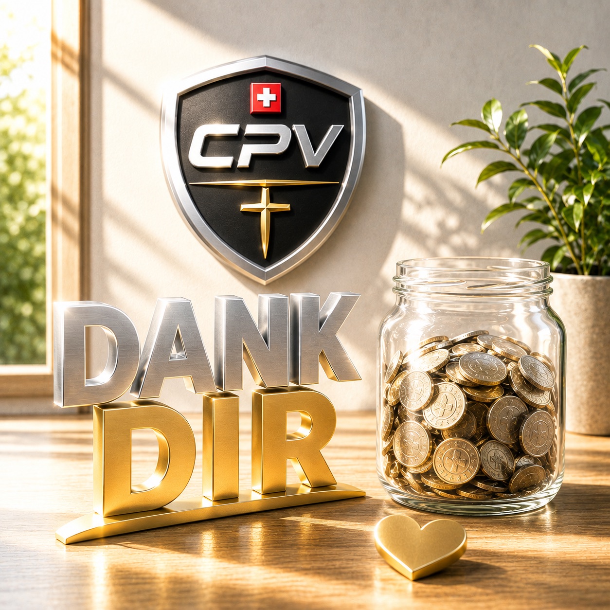 Das CPV-Wappen neben einem Glas voller Münzen; Schriftzug «Dank Dir»
